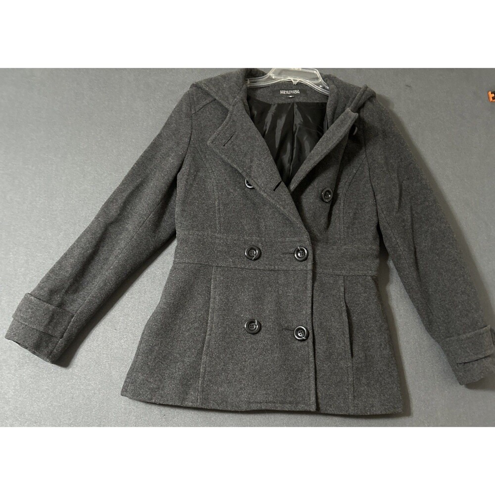 Kenneth Cole Reaction Wool Blend Double Breasted Hood Pea Coat Jacket Gray Sz 10
